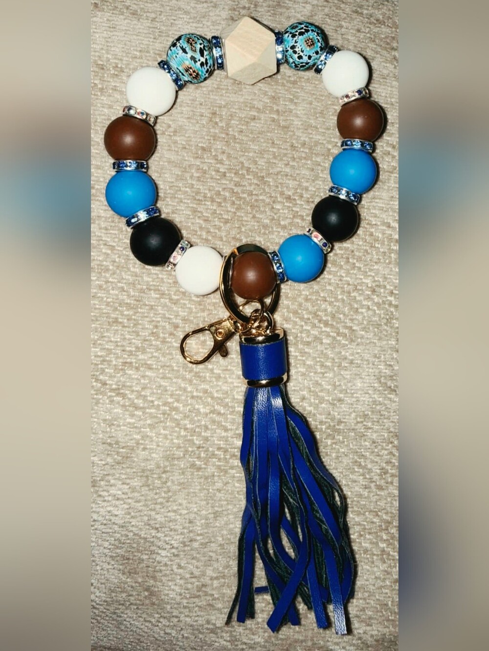 Beaded Tassel Wristlet Keychain in Blue, Brown, Black & White